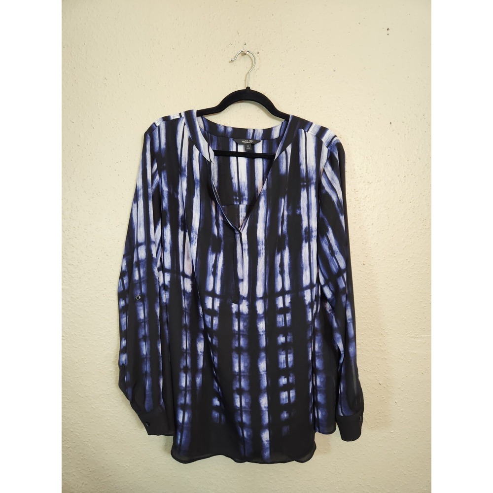 Simply Vera Womens 1X Blue Tie Dye Blouse Split Neck Roll Tab Sleeve Chiffon Top